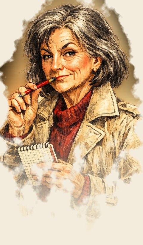 Retrato de la Inspectora Calzadilla, con el lápiz rojo entre los labios y la libreta a cuadros